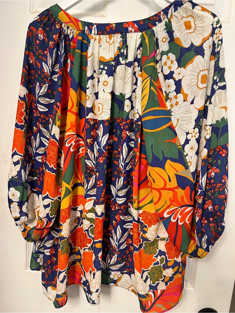 Rose & Olive Navy Floral Button-Front Women's Blouse - Orange & Green Print - Picture 2 of 5